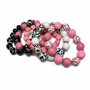 🖤💗 Pink & Black Beaded Bracelet Stretch Strand Stack (Set of 5)
